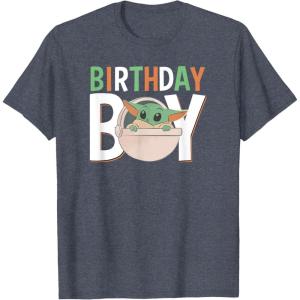 imageStar Wars The Mandalorian Grogu Birthday Orange ampamp Green V1 TShirtHeather Blue