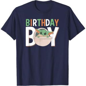 imageStar Wars The Mandalorian Grogu Birthday Orange ampamp Green V1 TShirtNavy Blue