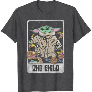 imageStar Wars The Mandalorian The Child Retro Space Tarot Card TShirtDark Heather Grey