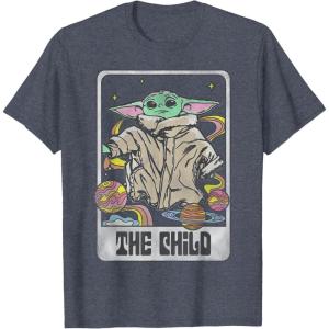 imageStar Wars The Mandalorian The Child Retro Space Tarot Card TShirtHeather Blue