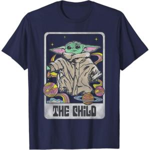 imageStar Wars The Mandalorian The Child Retro Space Tarot Card TShirtNavy Blue