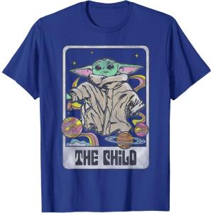 imageStar Wars The Mandalorian The Child Retro Space Tarot Card TShirtRoyal Blue