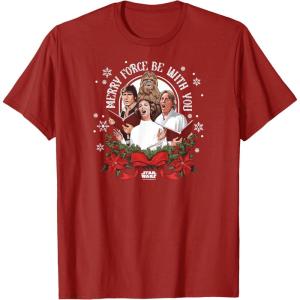 imageStar Wars  Han Luke Leia ampamp Chewy Holiday Caroling TShirtCranberry Red