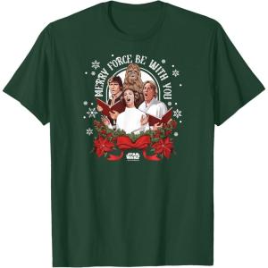 imageStar Wars  Han Luke Leia ampamp Chewy Holiday Caroling TShirtDark Green