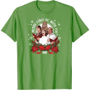 imageStar Wars  Han Luke Leia ampamp Chewy Holiday Caroling TShirtGrass Green