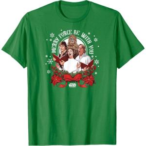 imageStar Wars  Han Luke Leia ampamp Chewy Holiday Caroling TShirtKelly Green