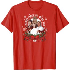 imageStar Wars  Han Luke Leia ampamp Chewy Holiday Caroling TShirtRed