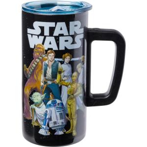 imageSilver Buffalo Star Wars Featuring Luke Skywalker Princess Leia Hans Solo Chewbacca Yoda R2D2 and C3PO Double Wall Stainless Steel Travel Mug With Handle 15 OuncesStar Wars 15 Ounces