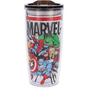 imageSilver Buffalo Star Wars Featuring Luke Skywalker Princess Leia Hans Solo Chewbacca Yoda R2D2 and C3PO Double Wall Stainless Steel Travel Mug With Handle 15 OuncesRetro Marvel Comics Avengers