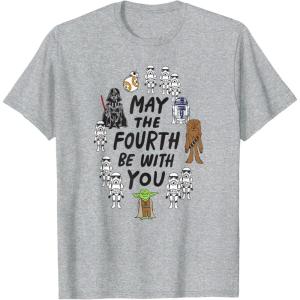 imageAmazon Essentials Boys May the Fourth Be With You Doodle Characters TShirt White SmallHeather Grey