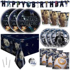imageClassic Star Wars Party Supplies  Serves 16  Birthday Table Cover Banner Decoration Large Dinner Plates Small Cake Plates Cups Napkins Candles Button