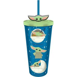 imageSilver Buffalo Star Wars The Mandalorian Baby Yoda Grogu Poses Plastic Cold Cup with Lid and Straw Topper 24 Ounces