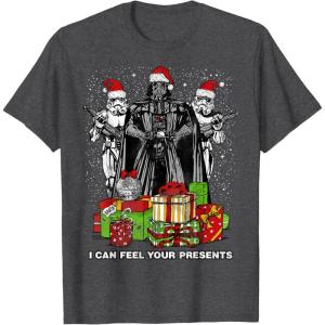 imageStar Wars Christmas Darth Vader Stormtroopers Feel Presents TShirtDark Heather Grey