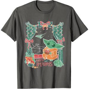 imageStar Wars Grogu Festive Window Christmas Happy Holidays TShirtAsphalt Grey
