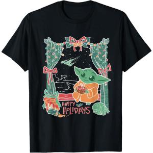 imageStar Wars Grogu Festive Window Christmas Happy Holidays TShirtBlack