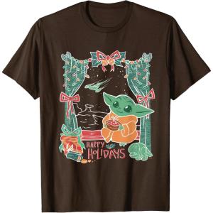 imageStar Wars Grogu Festive Window Christmas Happy Holidays TShirtBrown