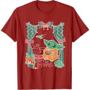 imageStar Wars Grogu Festive Window Christmas Happy Holidays TShirtCranberry Red