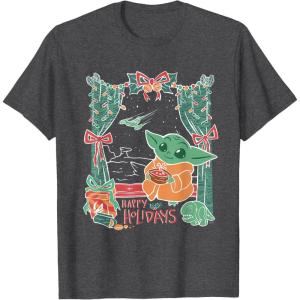 imageStar Wars Grogu Festive Window Christmas Happy Holidays TShirtDark Heather Grey