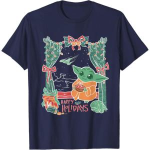 imageStar Wars Grogu Festive Window Christmas Happy Holidays TShirtNavy Blue