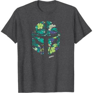 image:imageStar Wars The Mandalorian Mando Tropical Print Helmet TShirtDark Heather Grey