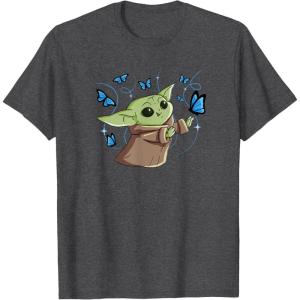 image:imageStar Wars The Mandalorian The Child with Blue Butterflies TShirtDark Heather Grey