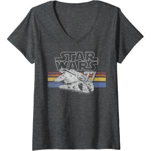 image:imageWomens Star Wars Retro Falcon Stripes VNeck TShirtDark Heather Grey