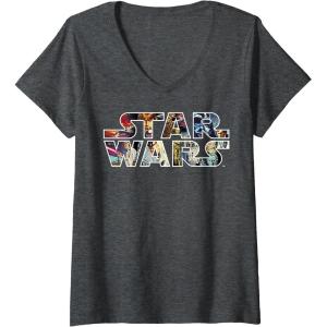 image:imageWomens Star Wars Vintage Scene BuildUp Fill Logo VNeck TShirtDark Heather Grey