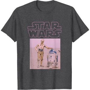 image:imageStar Wars Distressed Neon Pink C3PO amp R2D2 Panel TShirtDark Heather Grey