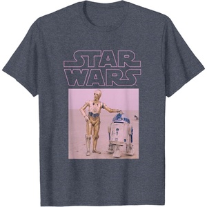image:imageStar Wars Distressed Neon Pink C3PO amp R2D2 Panel TShirtHeather Blue